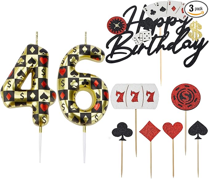 Casino Birthday Number Candles for Cake, Poker Birthday Candles for Casino Themed Birthday Party Decoration, Glitter Casino Birthday Cake Topper for Casino Night Theme Birthday Cake(Number 46 & 64)