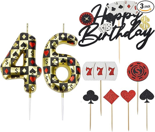 Casino Birthday Number Candles for Cake, Poker Birthday Candles for Casino Themed Birthday Party Decoration, Glitter Casino Birthday Cake Topper for Casino Night Theme Birthday Cake(Number 46 & 64)