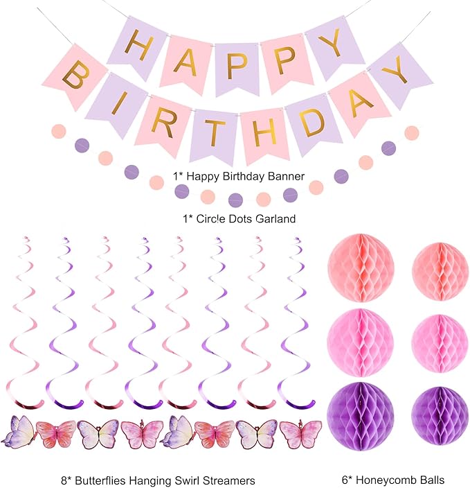 meowtastic Birthday Decorations, Happy Birthday Banner with Honeycomb Balls, Butterfly Hanging Swirl Streamers, Circle Dots Garland, Happy Birthday Party Decorations for Women Girls (Purple&Gold)