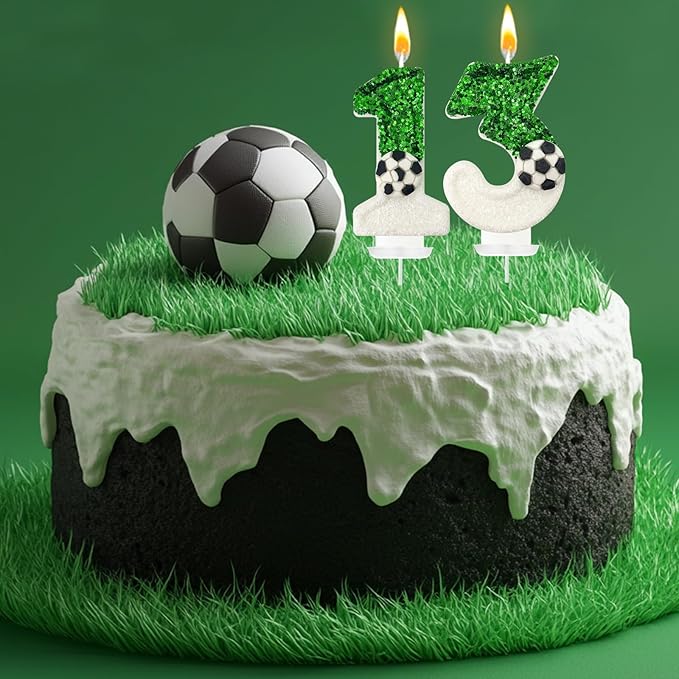 Soccer Birthday Candles Cake Topper for Girl and Boy, Wedding Cakes, Anniversaries, Party Celebrations, Birthday Decorations (Green White, 13)
