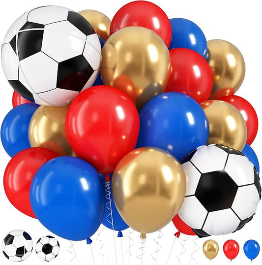 Soccer Balloons, 12 Inch Red and Blue Metallic Gold Latex Balloons with Soccer Ball 4D Foil Balloon for Boys Kids Sport Theme Birthday Decorations Football Lover Men Party Baby Shower Decor Supplies