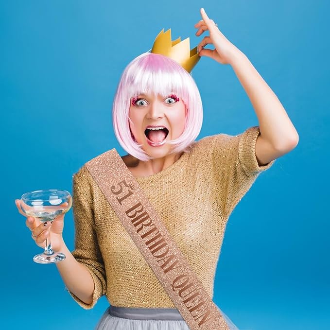 51 Birthday Queen 51st Birthday Sash for Women, Rose Gold Glitter Sash with Foil