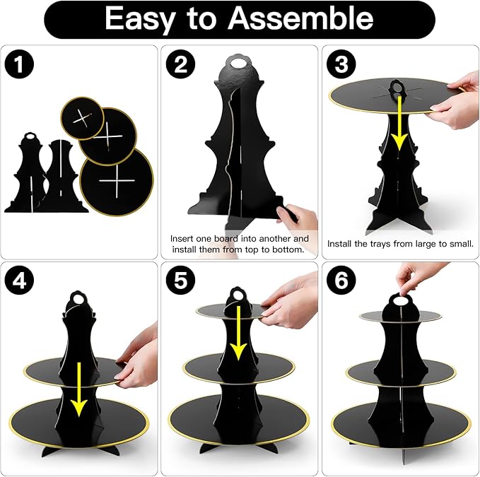 Soleebee 3-Tier Round Cupcake Stand, Cardboard Cupcake Tower, Dessert Cup Cake Stand Tower for Birthday Wedding Party Decoration, Cupcake Tier Stand 1 Set (Black Gold)