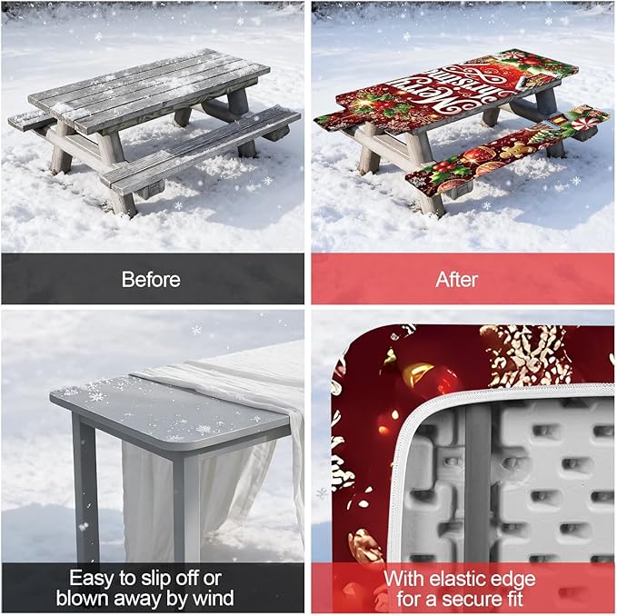 Picnic Table Cover with Bench Covers Set of 3, Elastic Fitted Tablecloth for 6 Foot Tables, Washable Polyester Tablecloths for Camping, Indoor & Outdoor