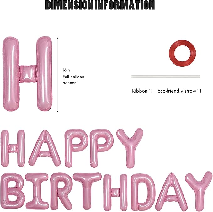 CANREVEL Happy Birthday Banner 13pcs 16 Inch Mylar Foil Letters Sign Balloons Birthday Party Decorations for Kids and Adults - 3D Pink