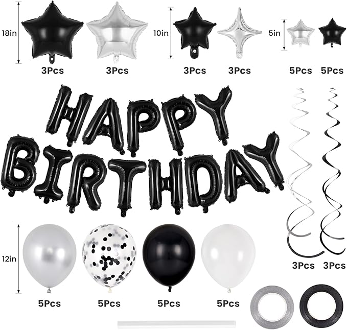 55 Pcs Happy Birthday Balloons Letters Banner with 35 Pcs Star Foil Balloons, 20 Pcs Latex Balloon, 6 Hanging Swirls for Women Men Boys Girls Birthday Party Decorations Set ﻿ (Black)