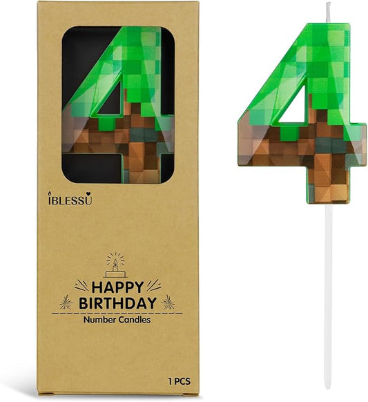 Pixel Birthday Candle, 2.68 Inch Miner Number Candles, Game Themed Candle Birthday Decoration for Pixel Theme Birthday Anniversary Dynamite Video Game Party (Green, 4)