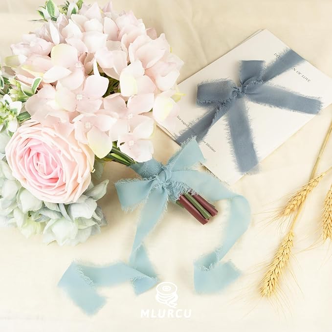 Dusty Blue Chiffon Ribbon 1 Inch x 21Yds Handmade Fringe Chiffon Silk Ribbon Dusty Blue/Slate Blue/Dark Blue Frayed Chiffon Ribbon for Wedding Invitation Flower Bouquets Bridal Shower Gift Wrapping