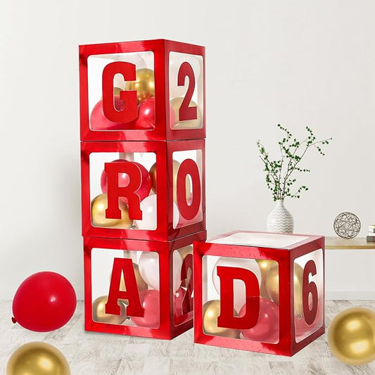 2026 Graduation Decorations - 4Pcs red Balloon Boxes with Letters 2026&Grad for Preschool Kindergarten Middle High School College Graduation Party Decorations Class of 2026