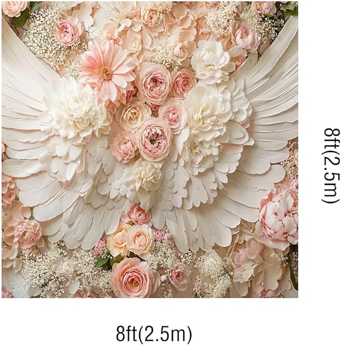Kate 8x8ft Pink Flowers Wall White Angel Wings Princess Photography Backdrops Girl Portrait Background