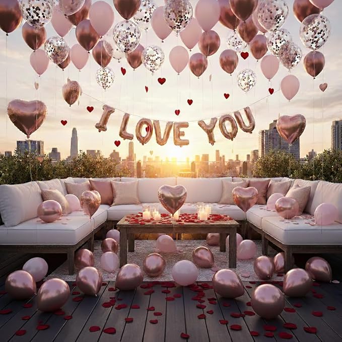 Valentines Day Balloons Garland Arch Kit, Rose Gold Pink Heart I love You Balloons Rose Petals for Galentine's Day Birthday Wedding Anniversary Engagement Valentines Party Decor Special Night