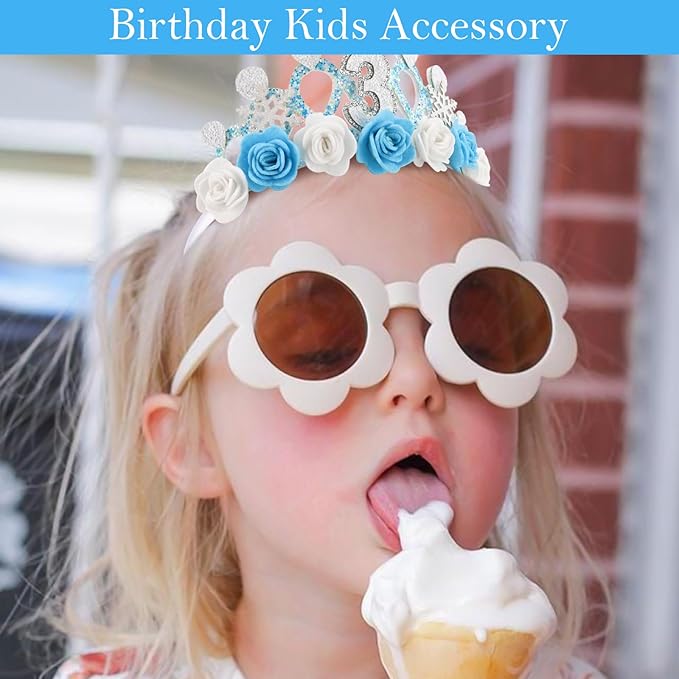 CUBACO 3rd Birthday Crown Headband and Sash, 3 Year Old Girl Birthday Gift for Blue Princess Crown, Frozen Party Decorations Favors for Girls Outfit
