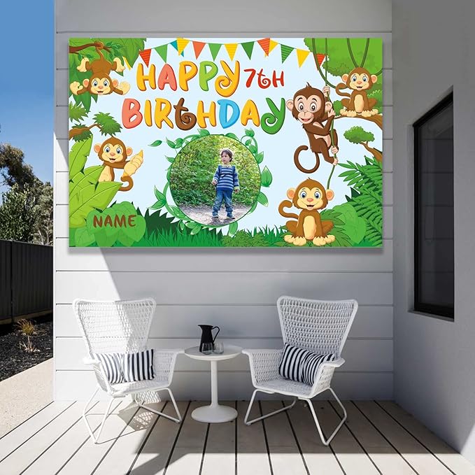 Custom Monkey Jungle Safari Happy Birthday Party Decorations Supplies Personalized Monkey Jungle Safari Green Birthday Backdrop Banner(4x6ft)