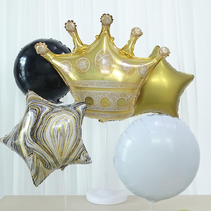 Tableclothsfactory Set of 6 | Gold/Black Marble Mylar Foil Party Balloon Set, Star, Round and Crown Balloon Bouquet with Ribbon, Party Decorations