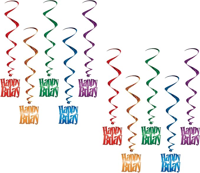 Beistle 10 Piece Colorful Metallic Plastic Happy Birthday Hanging Spirals Whirls Party Decorations
