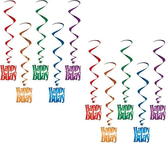 Beistle 10 Piece Colorful Metallic Plastic Happy Birthday Hanging Spirals Whirls Party Decorations