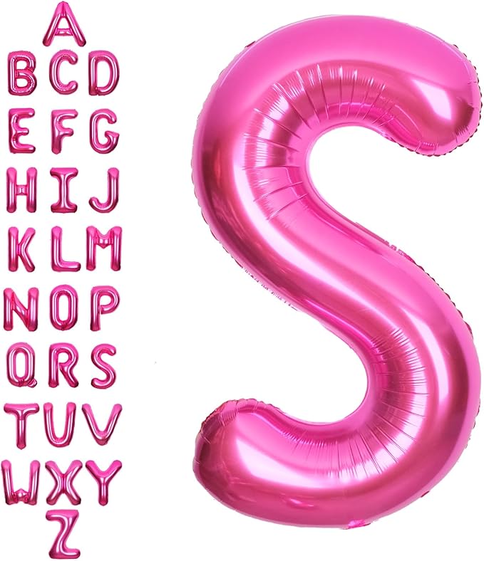 SUWEN 40 Inch Hot Pink Large S Letter Balloons Big Foil Helium Letter Balloons A-Z Jumbo Mylar Happy Birthday Party Decorations for Woman Anniversary Party Supplies