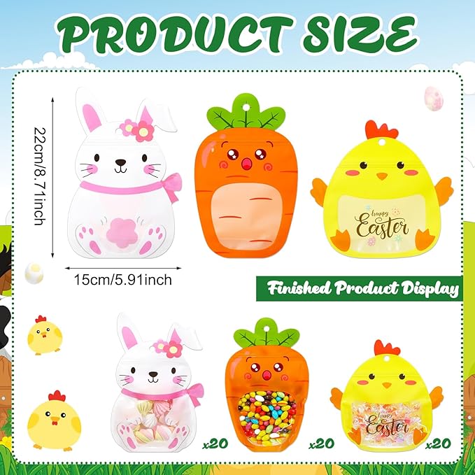 Resurhang 60 Pcs Easter Treat Bags Candy Zipper Cute Bunny Carrot Chick Food Goodie Gifts Bags Resealable Easter Rabbit Snack Containers with Handle for Some Bunny Is One Baby Shower Party Supplies