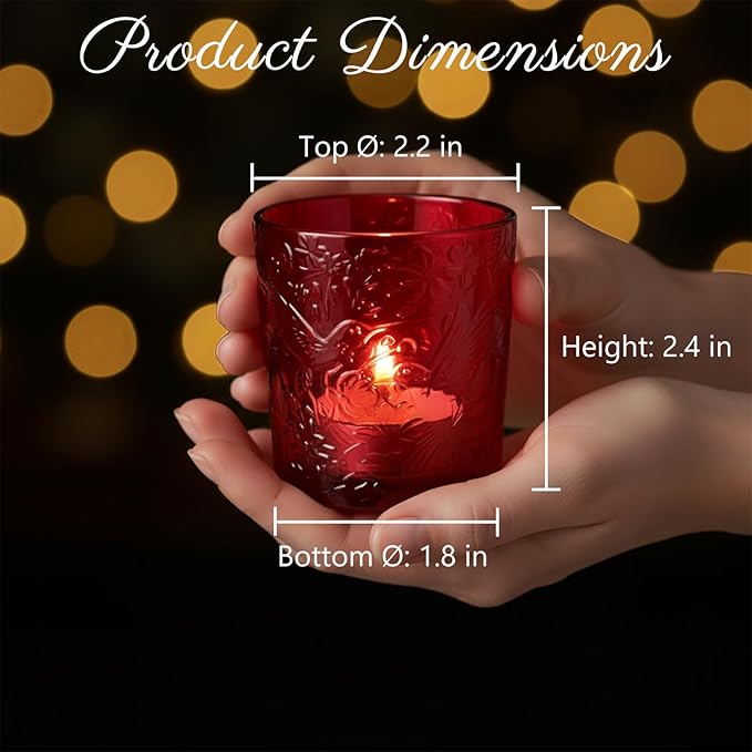 12 Pack Hummingbird Embossed Glass Candle Holders – Votive Tealight Holders with Patent Design, Decorative Embossed Glass Cups for Wedding Centerpieces, Parties, and Home Décor (Crimson Glow)