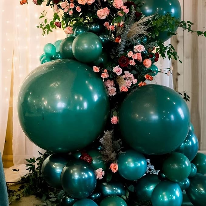 Voircoloria 105pcs Dark Green Balloons 12inch Hunter Green Balloons for Birthday Dinosaur Baby Shower St. Patrick's Day Summer Jungle Forest Safari Party Decorations