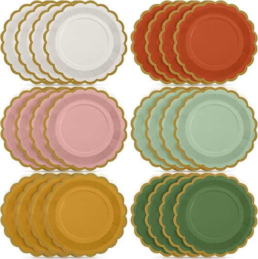 48 Pcs Colorful Paper Plates 9 Inch Boho Scalloped Paper Disposable Dinner Dessert Plates for Birthday Wedding Bridal Party Supplies, 6 Colors