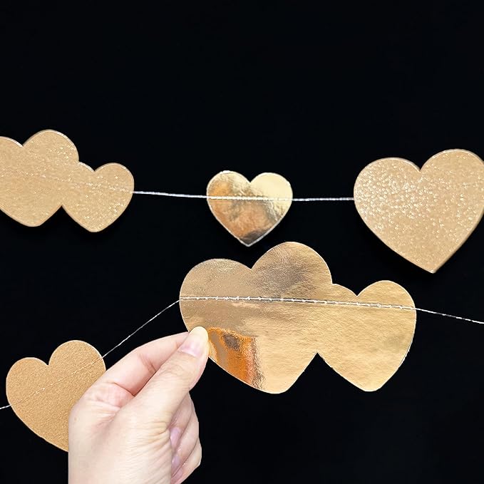 Valentines Day Party Decorations Champagne Gold Heart Banner Hanging Paper Garland Streamer for Anniversary Engagement Wedding Bridal Baby Shower Bachelorette Birthday Mother's Day Hen Party Supplies
