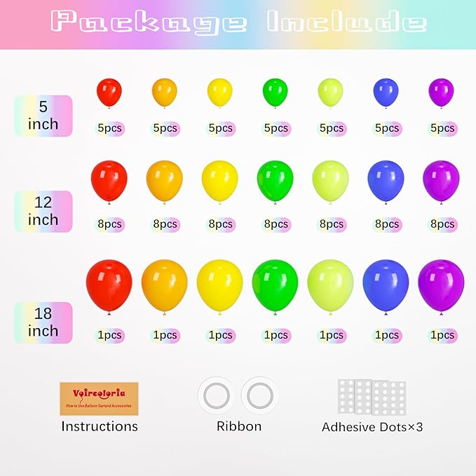 Voircoloria 98pack Rainbow Balloons Different Size 18/12/10/5 Inch Rainbow Colorful Balloon Garland Arch Kit for Graduation, Wedding, Birthday, New Year, Anniversary Party Decorations