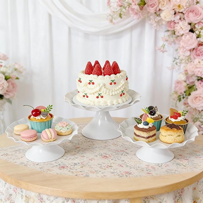 3 Pcs Metal Cake Stand Set, Scalloped Edge Cupcake Tray Dessert Display Platter, Decorative Serving Stand for Wedding, Birthday, Tea Party,Baby Show (White)