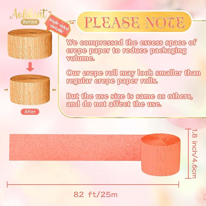 AOBKIAT Streamers Party Decorations,5 Rolls Pastel Pink Gold Orange Crepe Paper Streamers for Little Cutie Baby Shower,Brithday,Wedding,Peach Theme Party,DIY Tassel,1.8 Inch x 82 Ft/Roll