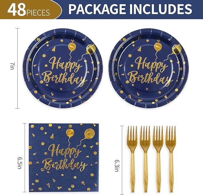 48PCS Happy Birthday Plates and Napkins Party Supplies, Blue and Gold Disposable Paper Plates and Napkins with Forks Tableware Set for Birthday Party Decorations 16 Guests