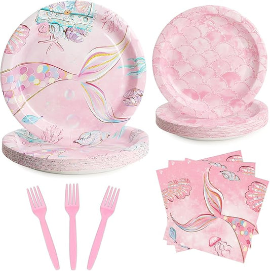 96 Pcs Party Plates, Pink Mermaid Paper Plates and Napkins Party Supplies for Birthday Baby Shower Picnic, Dessert Plates, Disposable Tableware Sets Serve for 24 Guests