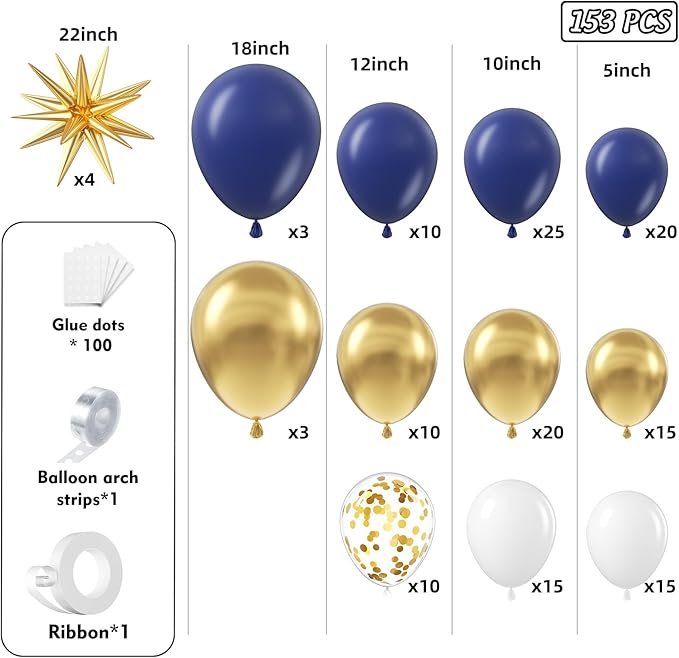 Navy Blue and Gold Balloon Garland Arch Kit 153pcs with Star, 22 18 12 10 5in Different Size Navy Blue Gold White Confetti Latex Balloons for Graduation Baby Shower Birthday Party Decorations