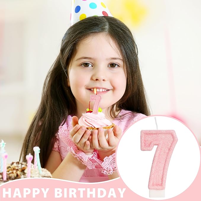Pink Birthday Candles - Number 7 Candle for 7th Birthday Decorations for Girls, Pink Cake Decorations Sweet Birthday Decorations Girl