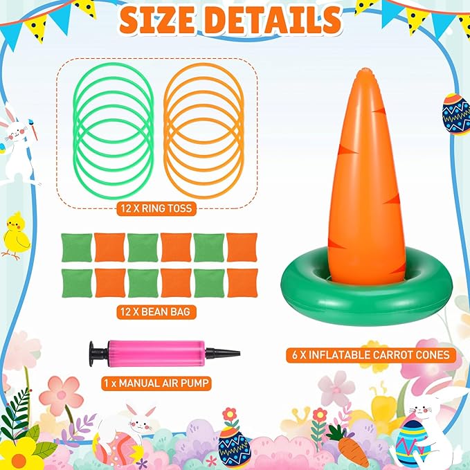 Seenelling Easter Carrots Inflatable Ring Toss Game for Adults Family, Indoor Outdoor Party Easter Game Party Decorations Cute Fun with 6 Cones 12 Rings 12 Bean Bags 1 Air Pump
