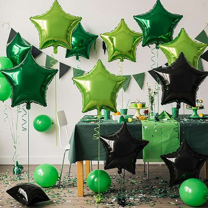 TONIFUL 15Pcs 18 Inch Large Green Black Star Shape Foil Balloons Big Stars Helium Mylar Ballons for Birthday Wedding Baby Shower Anniversary Engagement Party Decorations Supplies