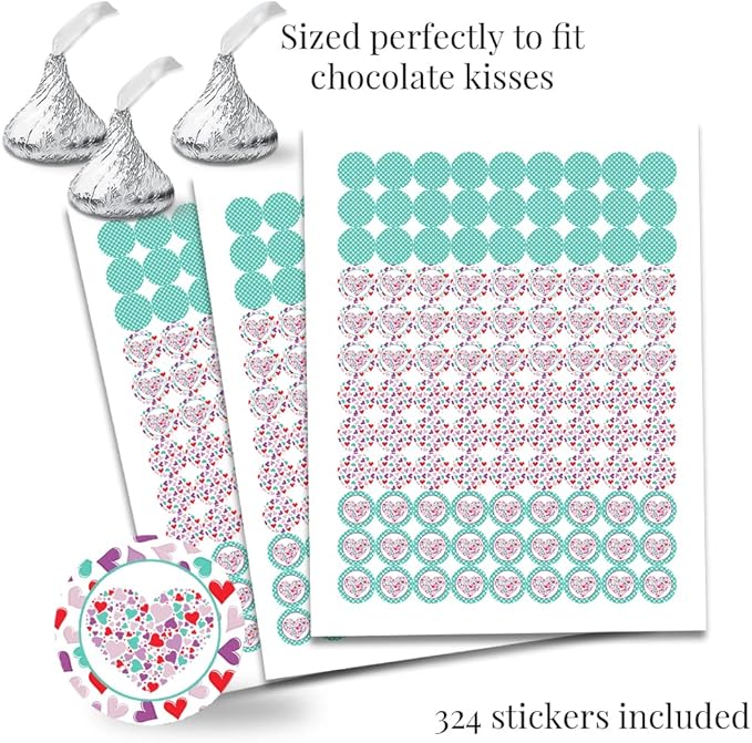 Sweetheart Pink & Purple Hearts Valentine's Day Birthday Party Sticker Bundle Kit 429 Pieces! Includes 2" Circle Stickers for Favors, Mini Candy Bar Wrappers & Round Candy Kiss Stickers