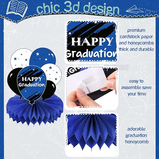 Honoson 12 Pcs 2026 Graduation Party Decorations Class of 2026 Congrats Grad Table Centerpieces Congratulate Graduation Honeycomb Table Toppers for Grad Party Favor Supplies(Blue, Black)
