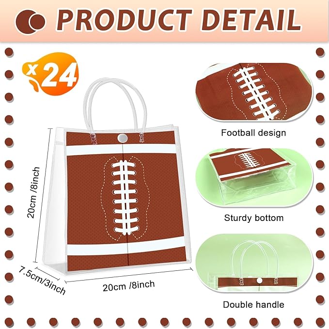 Lonfliness 24Pcs Football Clear PVC Gift Bags With Handles Football Party Favors Goodie Treat Bags Sport Theme Candy Bags Present Wrap Tote Bags for Boys Birthday Baby Shower Decorations 8 x 8 x 3in