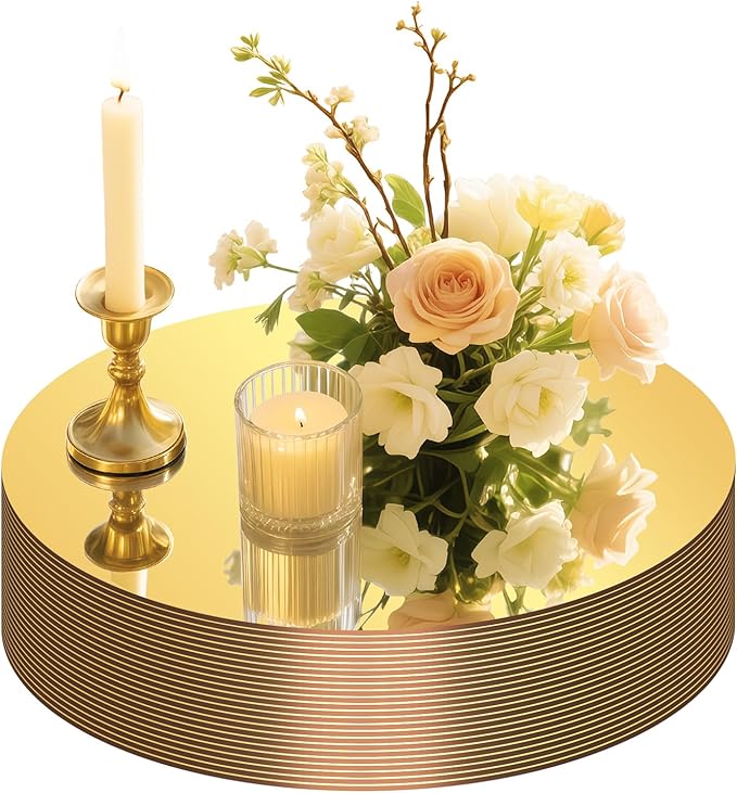 24PCS Gold Round Mirror Centerpieces for Tables, 12" Flat Circle Mirror Plates for Wedding Decorations, Mirror Trays for Candles Flowers Vases, Table Centerpiece Decor for Birthday Party Supplies