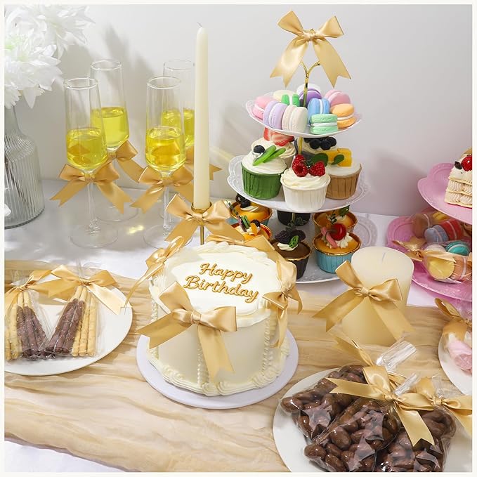 YGDZ Gold Bows, Satin Self Adhesive Gold Ribbon Bows for Crafts, Small Bow with Double-Sided Tape, Mini Bows for Gift Wrapping, Balloons, Wedding Decor, Party Favors