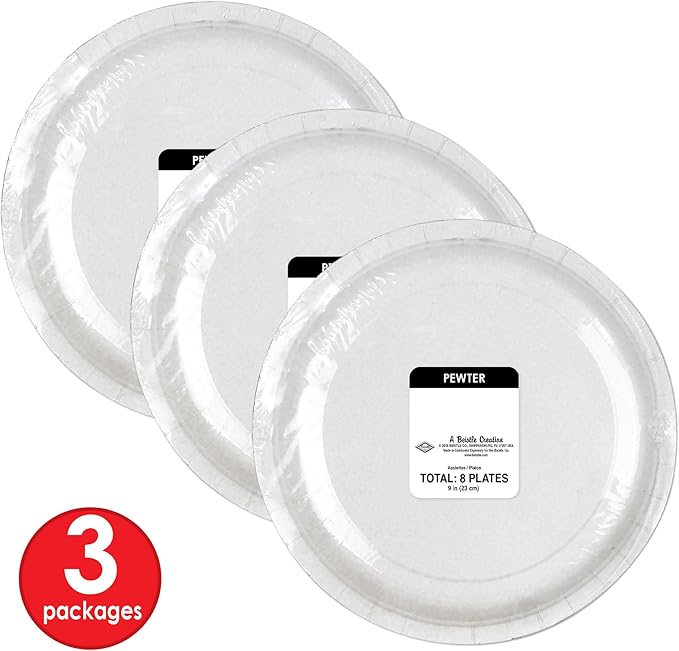 Beistle 24-Pack Pewter Paper Plates, Silver Medieval Tableware Accessories, Royal Knight Halloween Parties & Festive Castle Themed Events, 9"