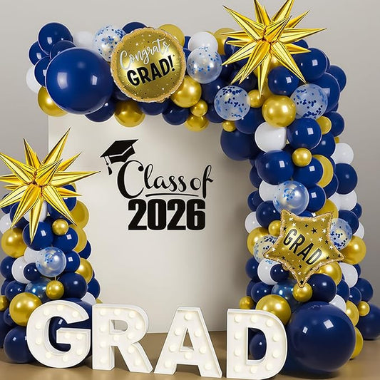2026 Graduation Balloon Arch Garland Kit, 18" 10" 5" Navy Blue Gold White Balloons for Congrats Grad Decorations College High School Class of 2026 Party Supplies