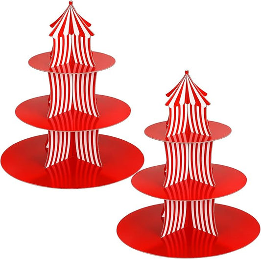 Amyhill 2 Pcs Carnival Cupcake Stand 3 Tier Cardboard Cupcake Holder Red White Striped Circus Cupcake Holders for Dessert Table Displays Carnival Birthday Theme Party Decorations