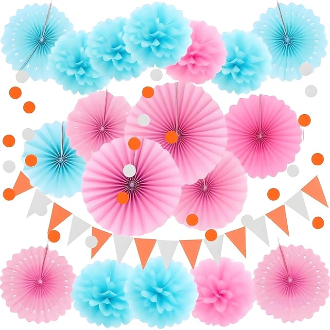 XIKSXITN 12 pc Pink & Blue Tissue Paper Pom Poms - Hanging Paper Flowers Ball for Party Decorative (8&10&12 inch)