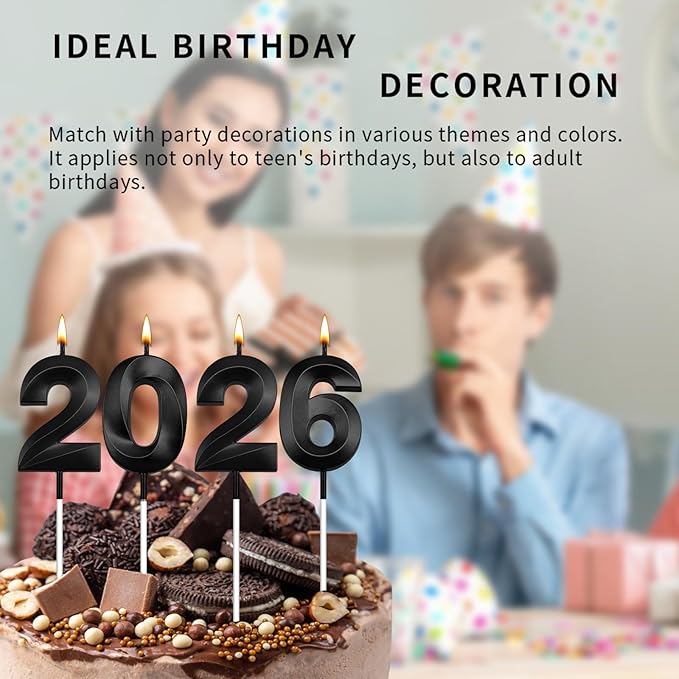 Graduation Candle 2026, 4 Pcs 3D Visual 2026 Black Number Candles for Graduation Cake Decorations, Class of 2026 Cake Topper, 20, 22, 26, 60, 62 Birthday Candles Happy Birthday Cake Toppers