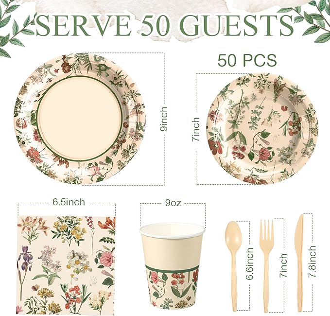 Roshtia Floral Party Supplies Set for 50 Guests - Watercolor Flowers Paper Plates & Napkins, Disposable Dinnerware for Women & Girls Birthday, Vintage Tea Party & Baby Shower Tableware