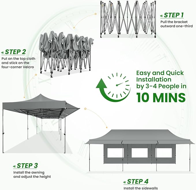 COBIZI 10X30 Pop Up Canopy Tent Heavy Duty with Sidewalls, Outdoor Commercial Canopy with Awning, Waterproof&69 SF Extended Awning, Vendor Tent for Market, Party Events, Grey