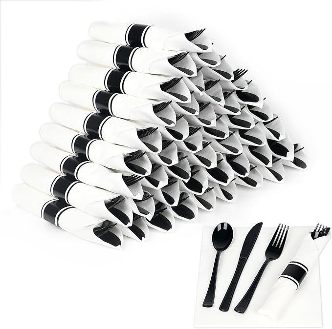50 Pack Pre Rolled Black Plastic Silverware Set,Wrapped Plastic Cutlery Set with Napkin Include 50 Forks,50 Spoons,50 Knives and 50 White Napkins for Party,Wedding,Christmas