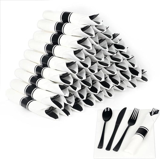 50 Pack Pre Rolled Black Plastic Silverware Set,Wrapped Plastic Cutlery Set with Napkin Include 50 Forks,50 Spoons,50 Knives and 50 White Napkins for Party,Wedding,Christmas