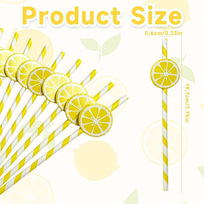 60 Pcs Lemon Paper Straws, Yellow Striped Drinking Straws for Lemonade Stand Party Supplies Disposable Lemon Straw for Cocktails, Juice, Shakes, Summer Fruit Theme Birthday Decorations